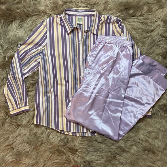 Blair Two Piece Set Long Sleeve Button Down Striped Pajama Top & Satin Bottoms - Picture 1 of 10